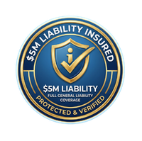 Blue and gold $5M liability insured badge with shield, checkmark, and “protected & verified” text