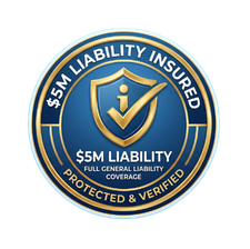 Blue and gold $5M liability insured badge with shield, checkmark, and “protected & verified” text