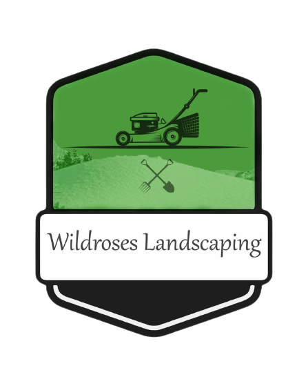 Wildroses Landscaping logo with green lawn mower and crossed tools on a white banner