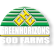 GreenHorizons Sod Farms logo with green striped circle and yellow monogram above white text.