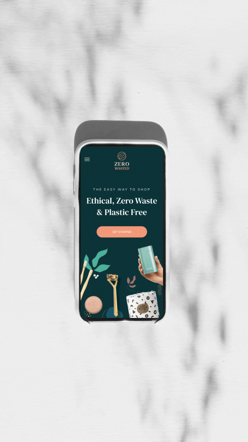 Smartphone displaying Zero Wasted website with Eco-Friendly, Zero Waste & Plastic Free