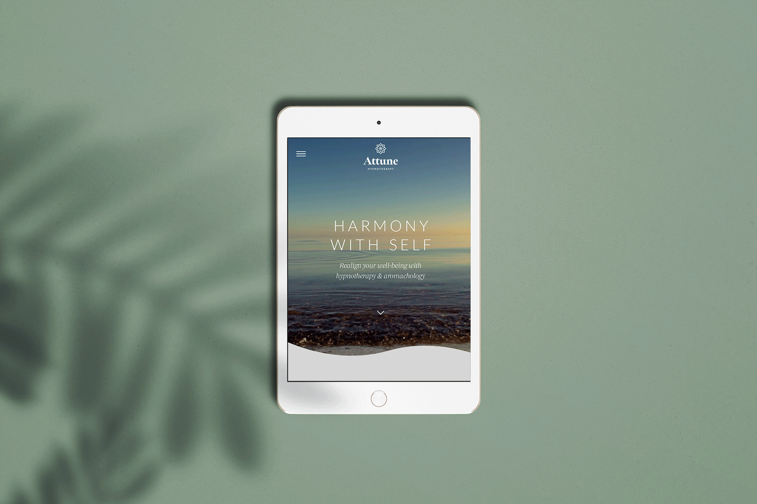 IPad displaying a website with a beach scene on a green background with a leaf shadow.