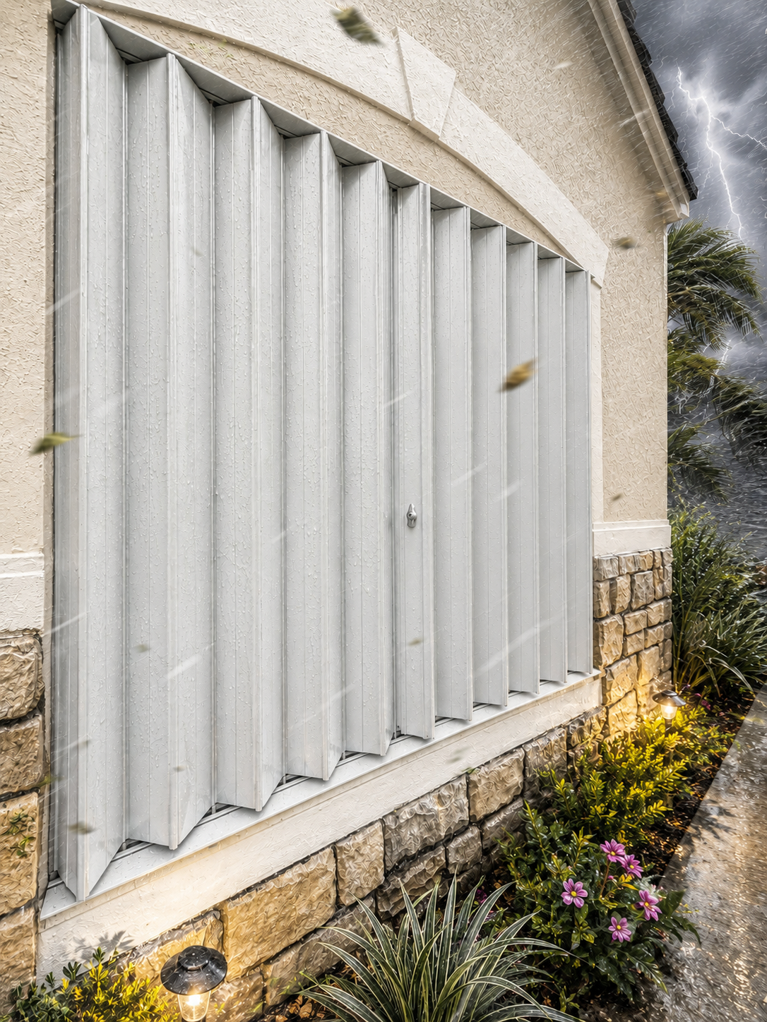 White metal window shutter on a stucco house wall with a small flower bed below