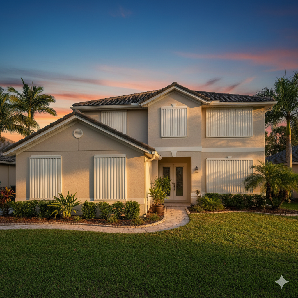 Two-story suburban house with lit windows at sunset, front lawn, and palm trees