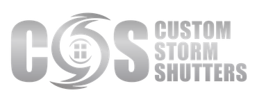 Gray logo reading “COS Custom Storm Shutters” with a stylized swirl in the O.