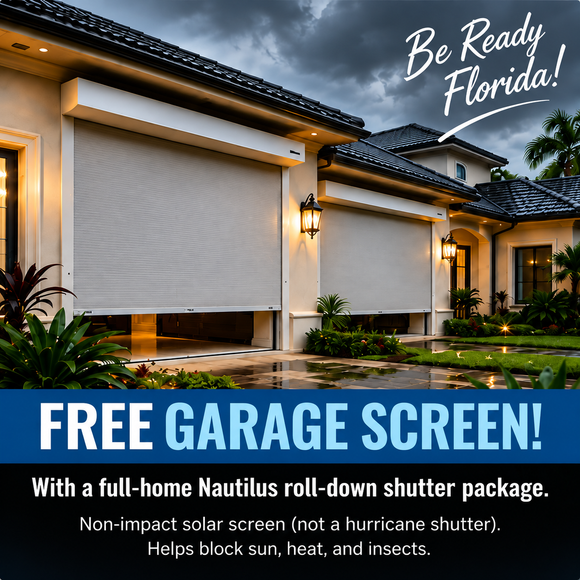 Florida house with two screened garage doors and text: “Free Garage Screen!”