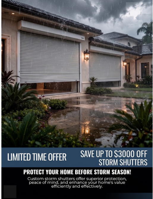 Storm shutters installed on a house during heavy rain, with “limited time offer” and “save up to $3000.”