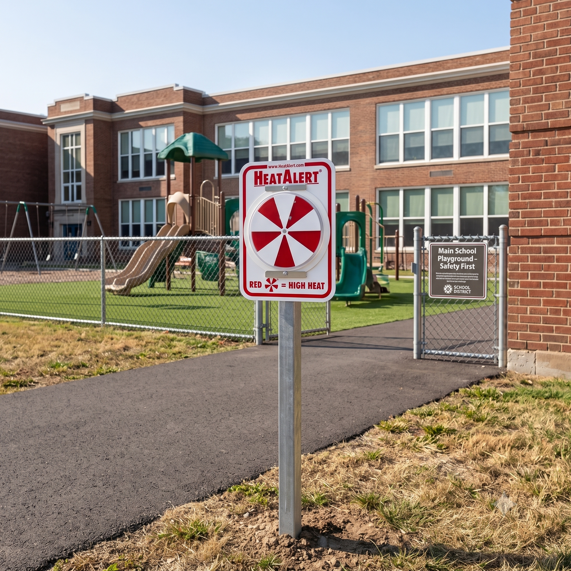 HeatAlert passive bimetallic sign installed at facility entrance
