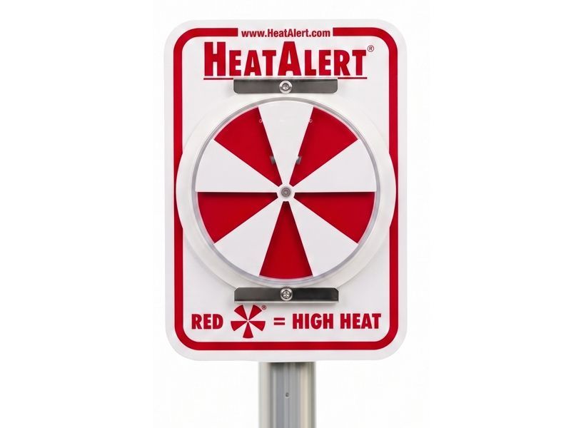 HeatAlert Sign Post Mount HPM1 — passive bimetallic warning sign with 6ft aluminum C-channel post