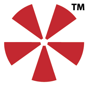 Red and white circular logo with six triangles radiating from a central point; marked with