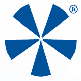 Blue pinwheel logo with registered trademark symbol.