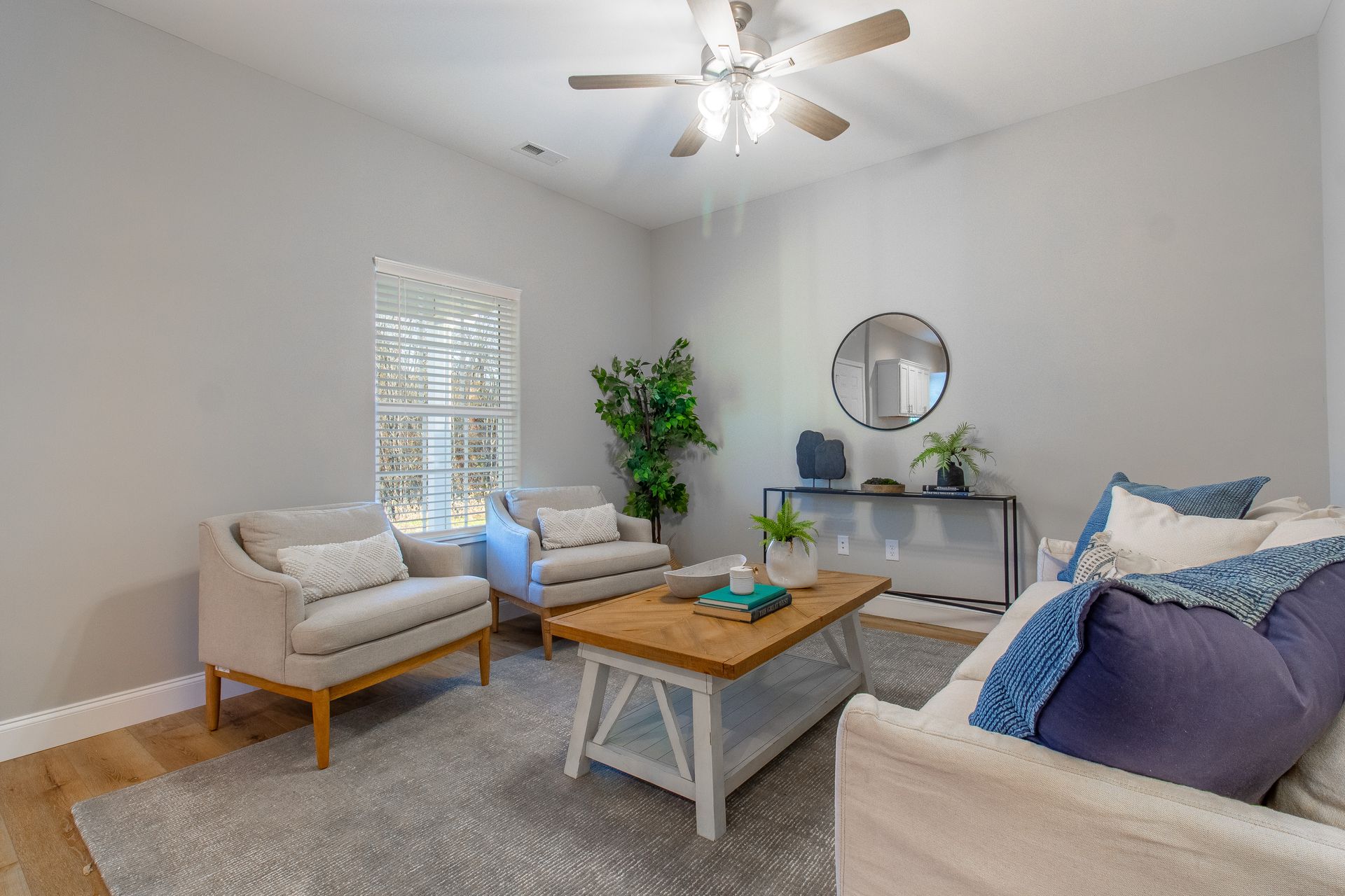 Bright living room with beige sofas, wooden coffee table, gray rug, wall mirror, and potted plant.