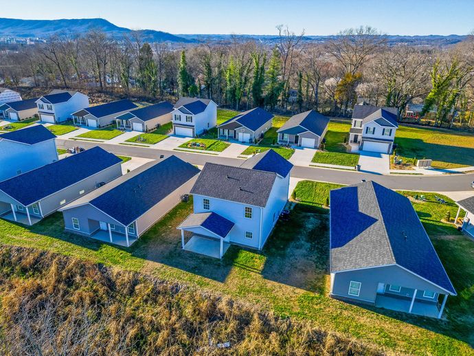 Aerial view of suburban houses with gray roofs and green lawns near a wooded hillside.