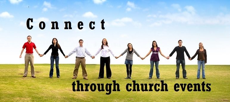 A group of people holding hands with the words connect through church events below them