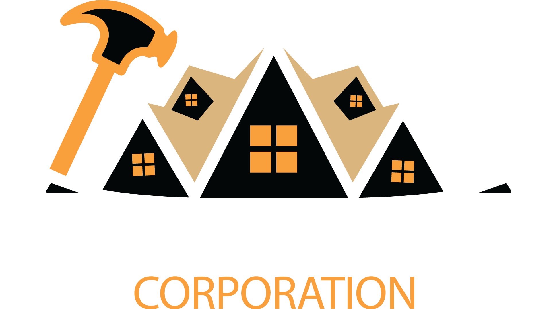 A logo for a construction company with a hammer and houses.