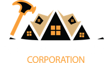 A logo for a construction company with a hammer and houses.