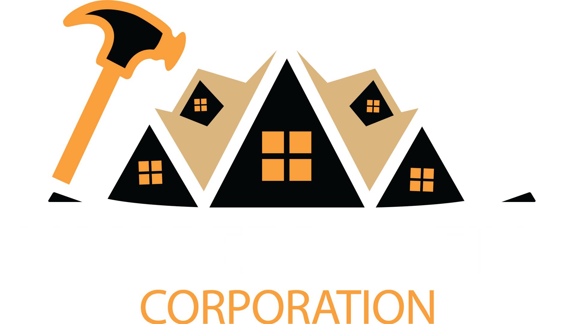 A logo for a construction company with a hammer and houses.