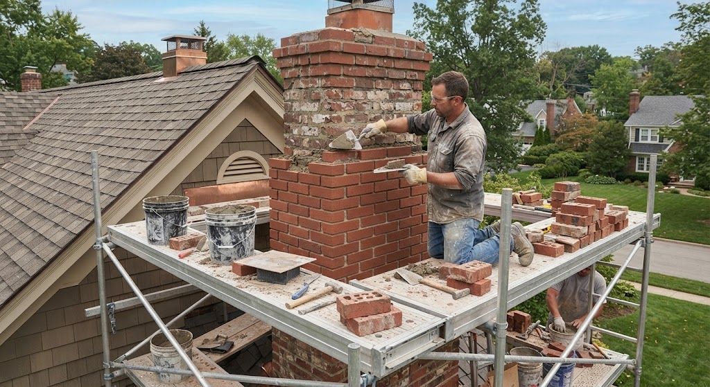 Worker laying bricks on a chimney atop a house roof with scaffolding and tools nearby