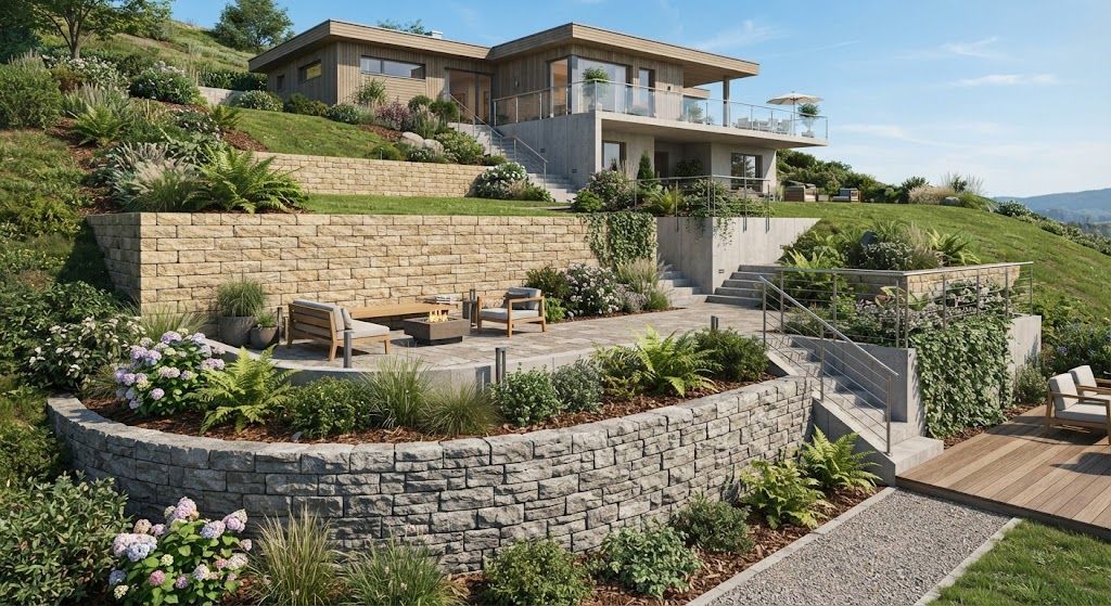 Terraced hillside garden with stone retaining walls and a modern house overlooking the landscape
