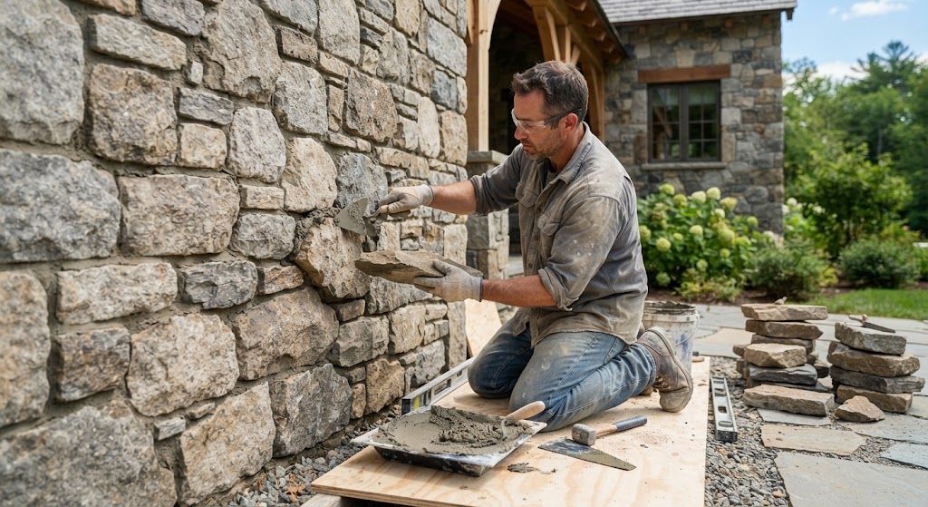 Man laying stone veneer on an exterior wall beside a house, with tools and stacked stones nearby.