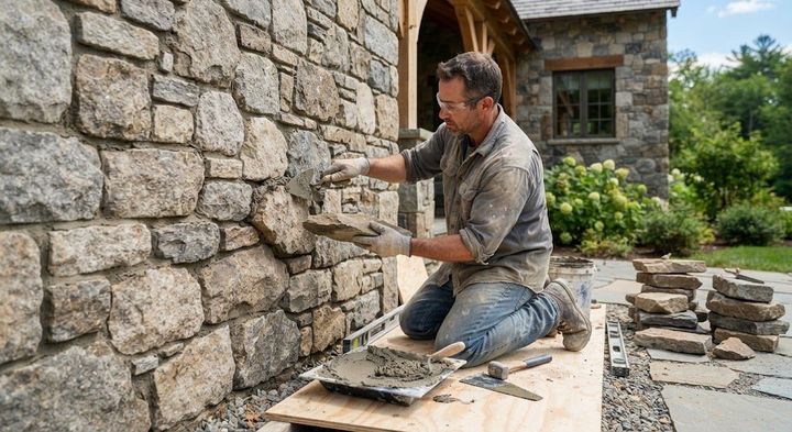 Worker repairing a stone wall beside a rustic building, using a trowel on scaffold boards.