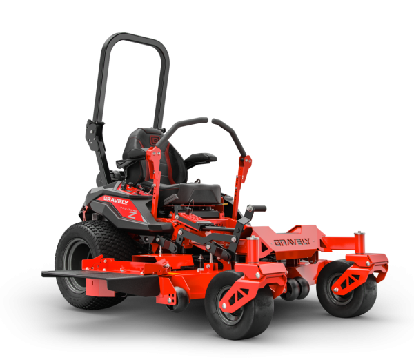 A red and black lawn mower on a white background