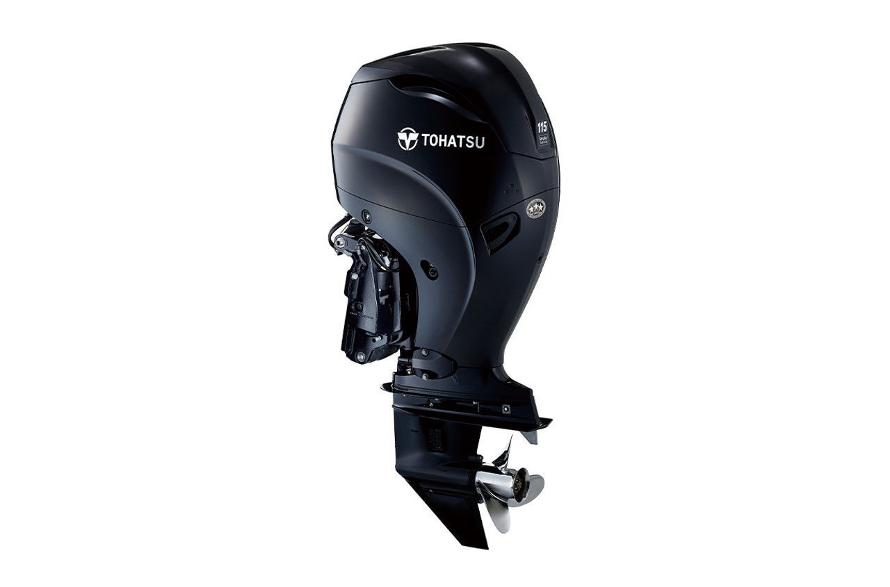 A black outboard motor on a white background.