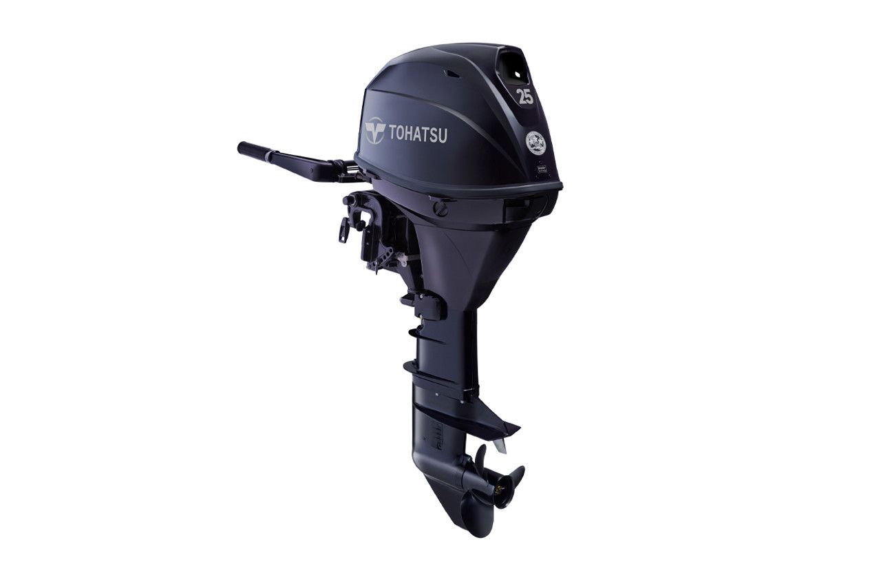 A black outboard motor on a white background.