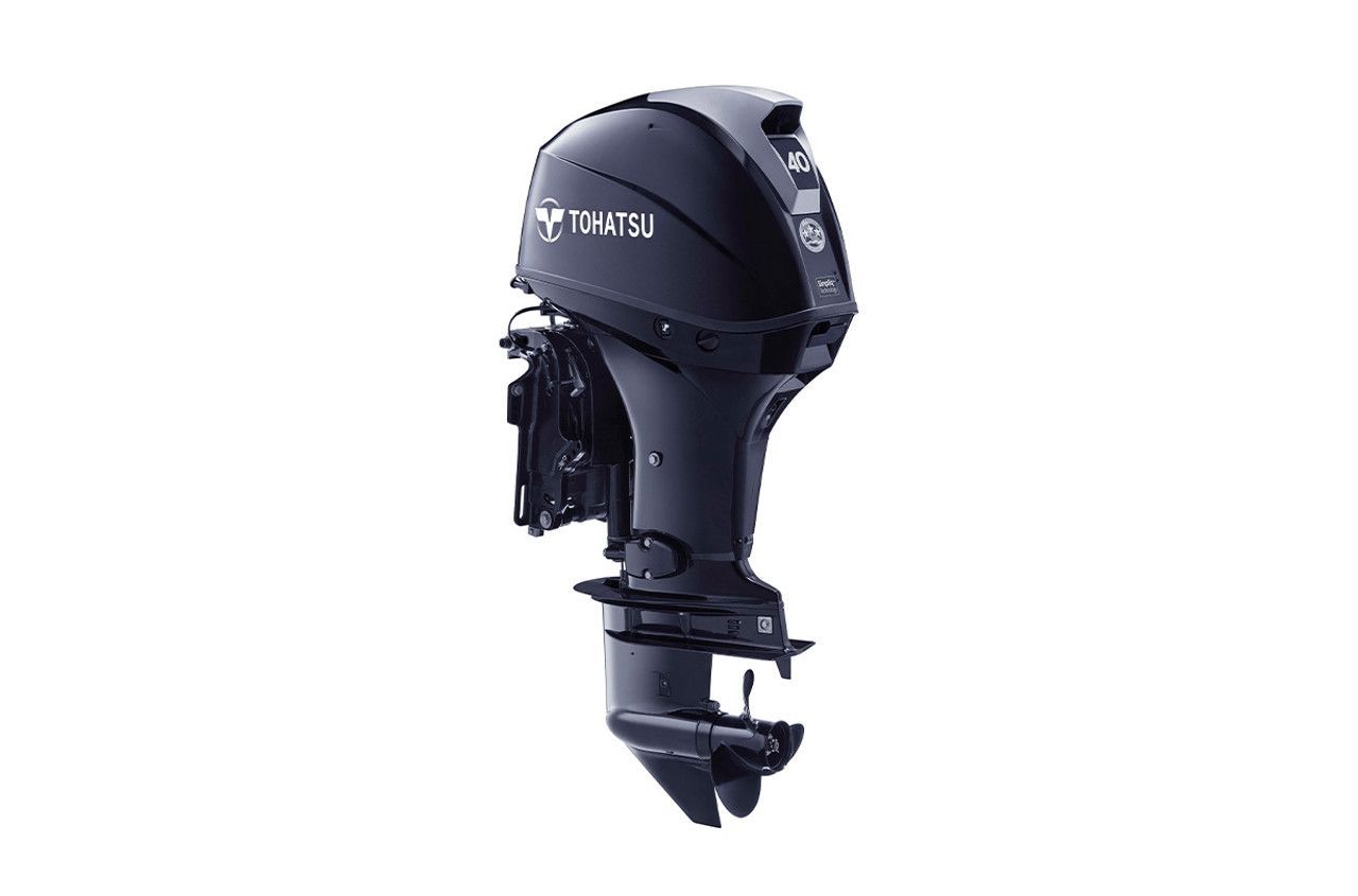 A black outboard motor on a white background.