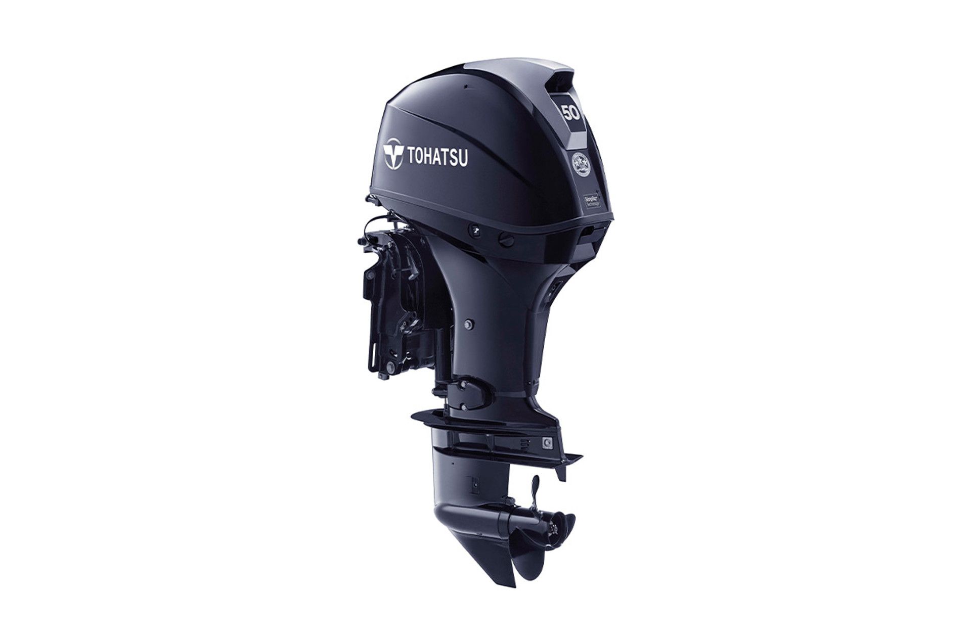 A black outboard motor on a white background.