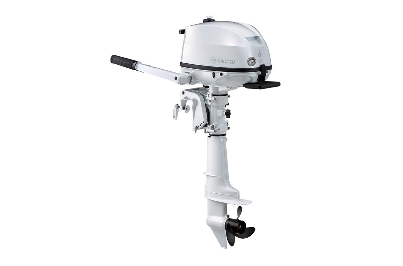 A white outboard motor on a white background.