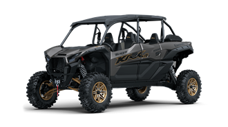 A black atv with gold wheels is on a white background.