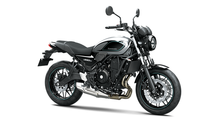 A black and silver motorcycle on a white background.