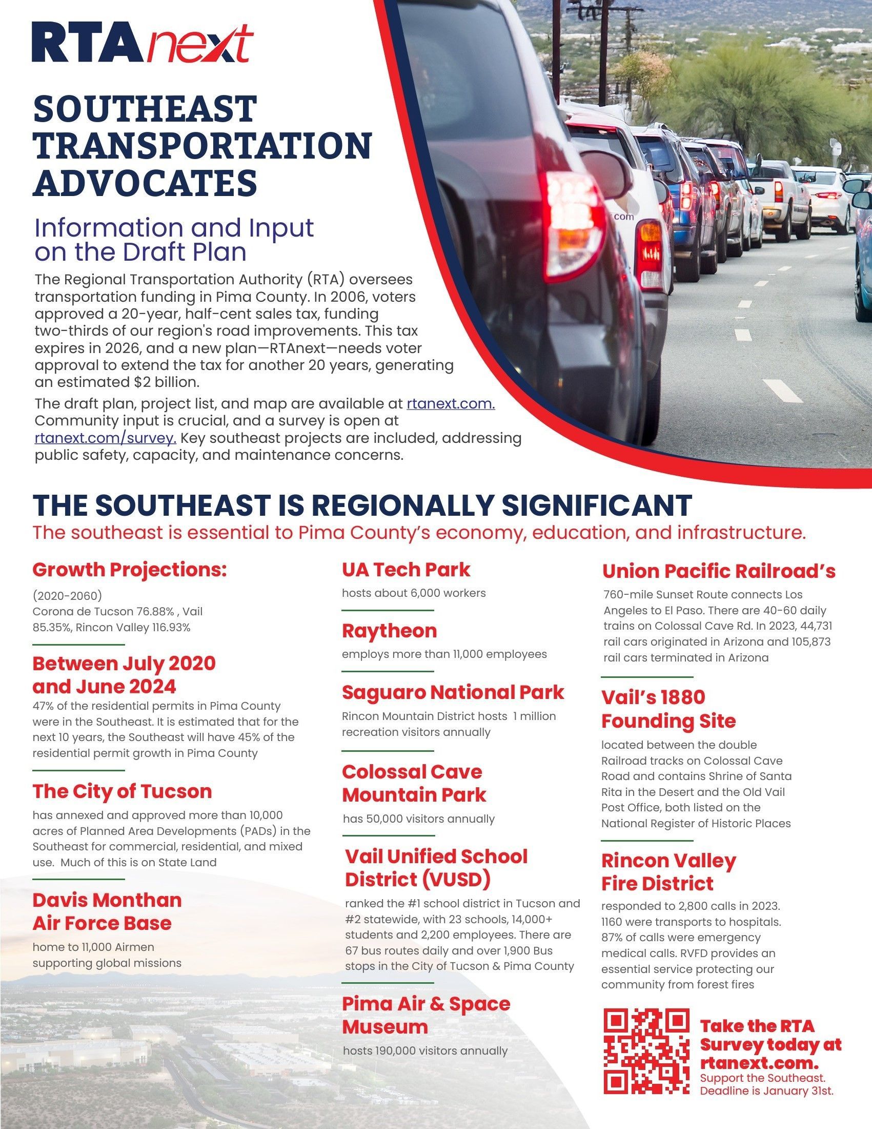 RTA advertisement: Southeast Transportation Advocates, details on the Draft Plan, featuring cars in traffic.