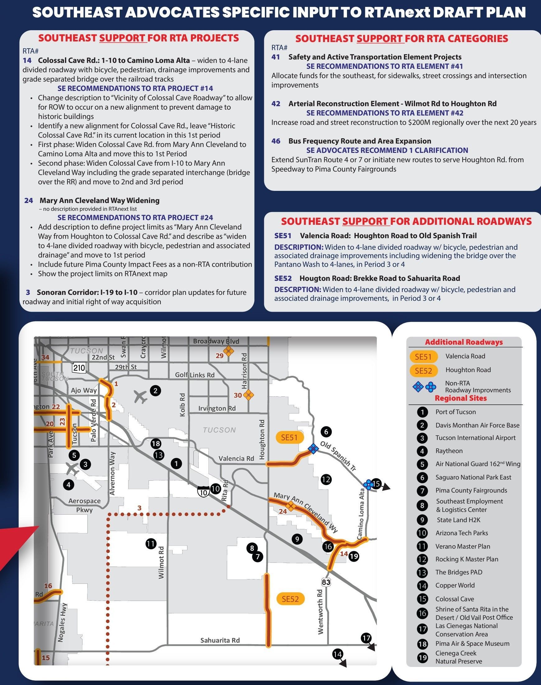 Map with locations and Southeast Advocates plan details. Blue, orange, and gray color scheme. Text boxes describe input.