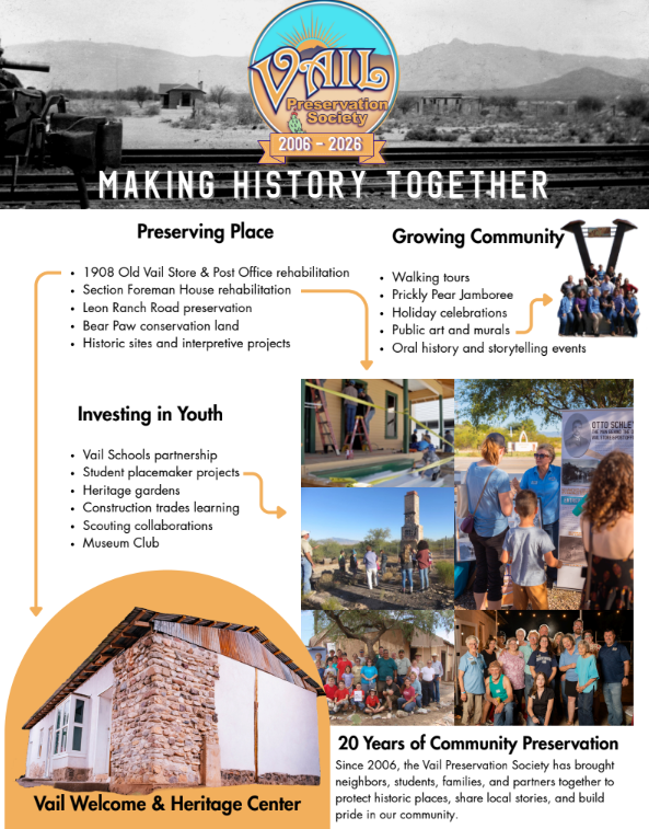 Vail promotional flyer with photos and text: “Making History Together,” preserving place, investing in youth, growing community.