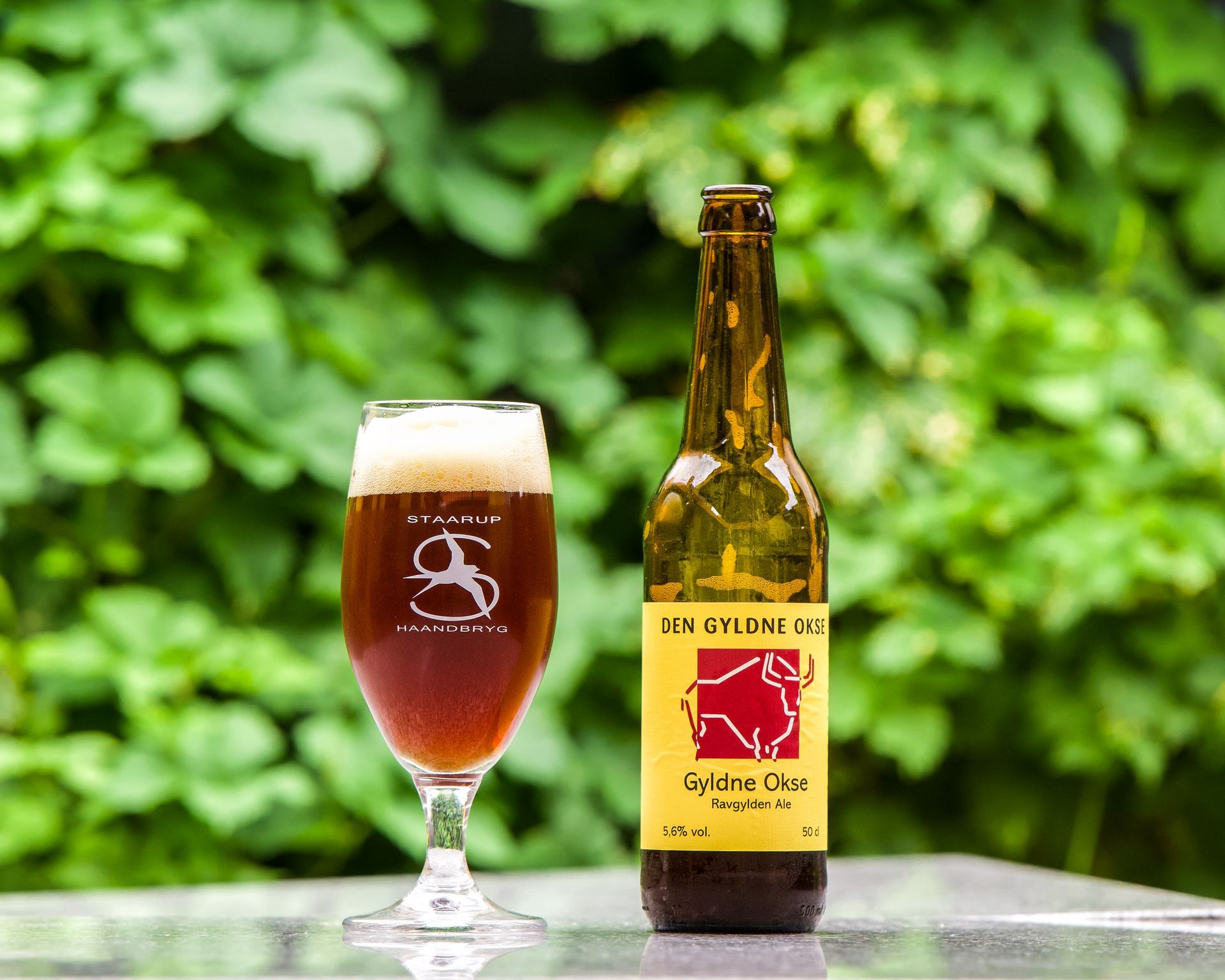 Ølglas og -flaske på et bord med grønt i baggrunden. Glasset er halvt fyldt med øl.