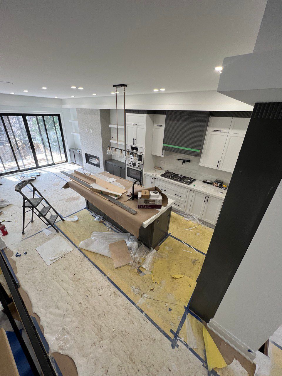 An aerial view of a kitchen under construction.