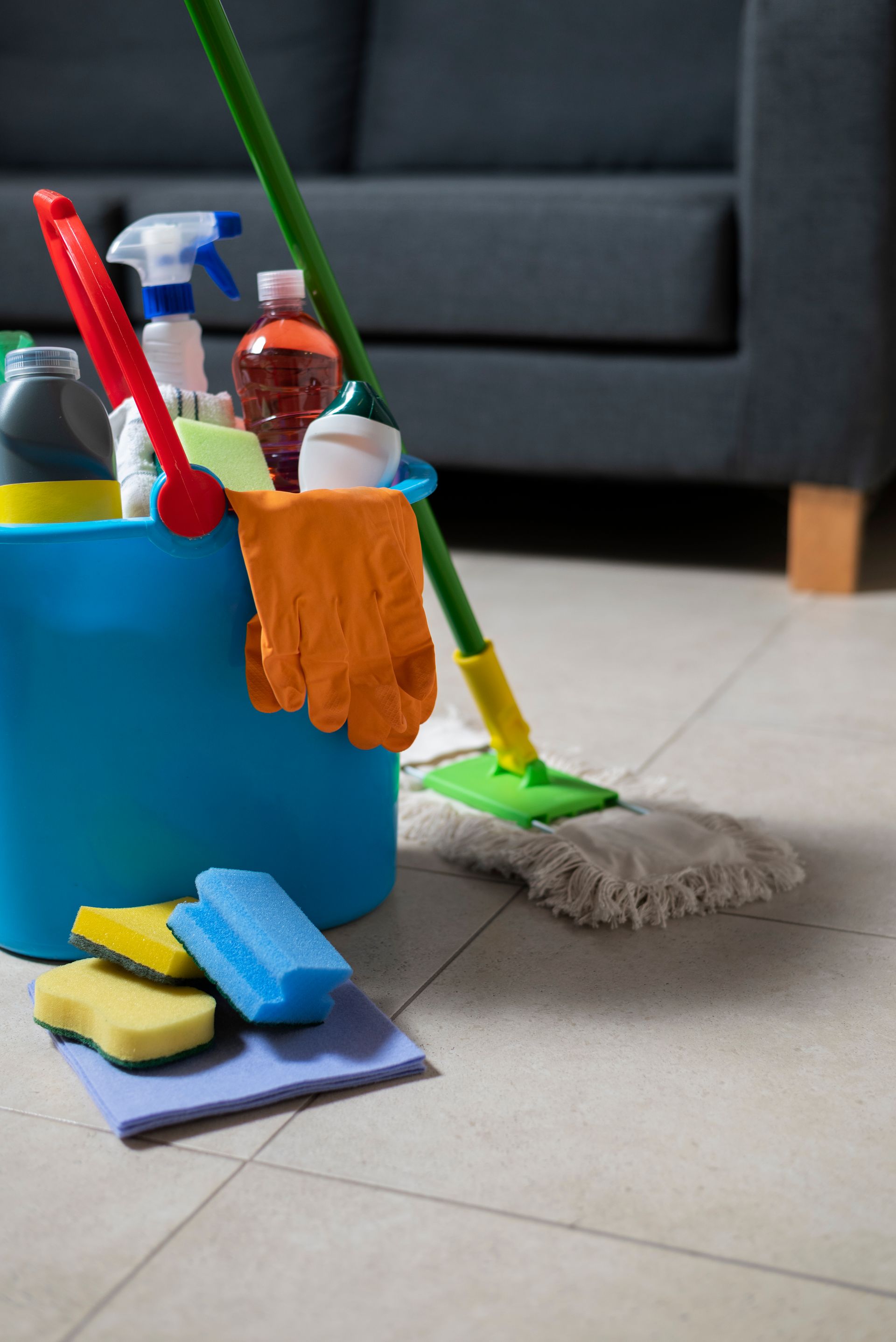 A bucket filled with cleaning supplies and a mop on the floor in a living room.