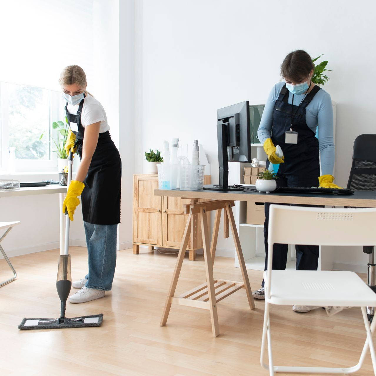 a man and a woman are cleaning an office with a mop .