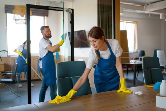 a man and a woman are cleaning an office .