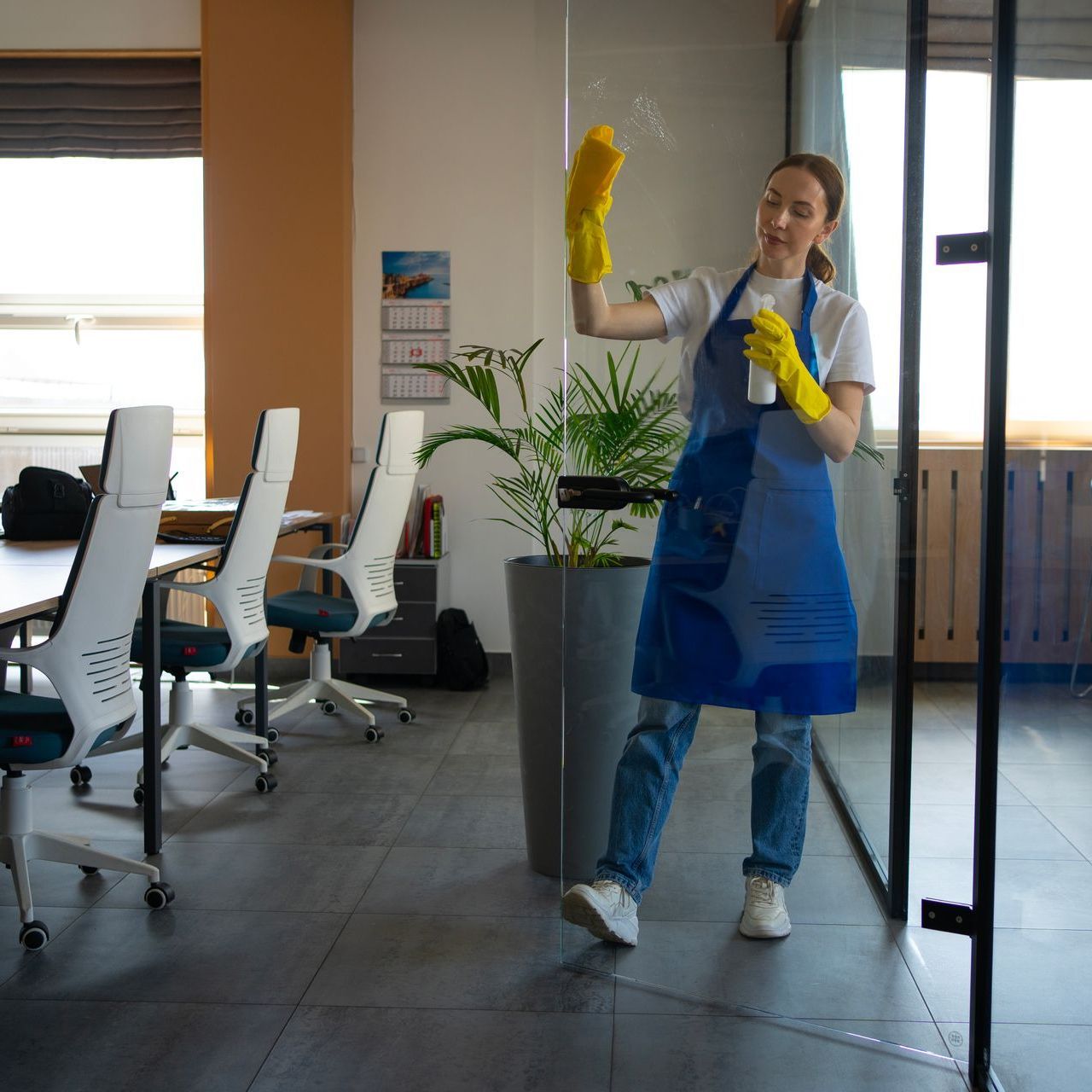 a woman is cleaning a glass door in an office .