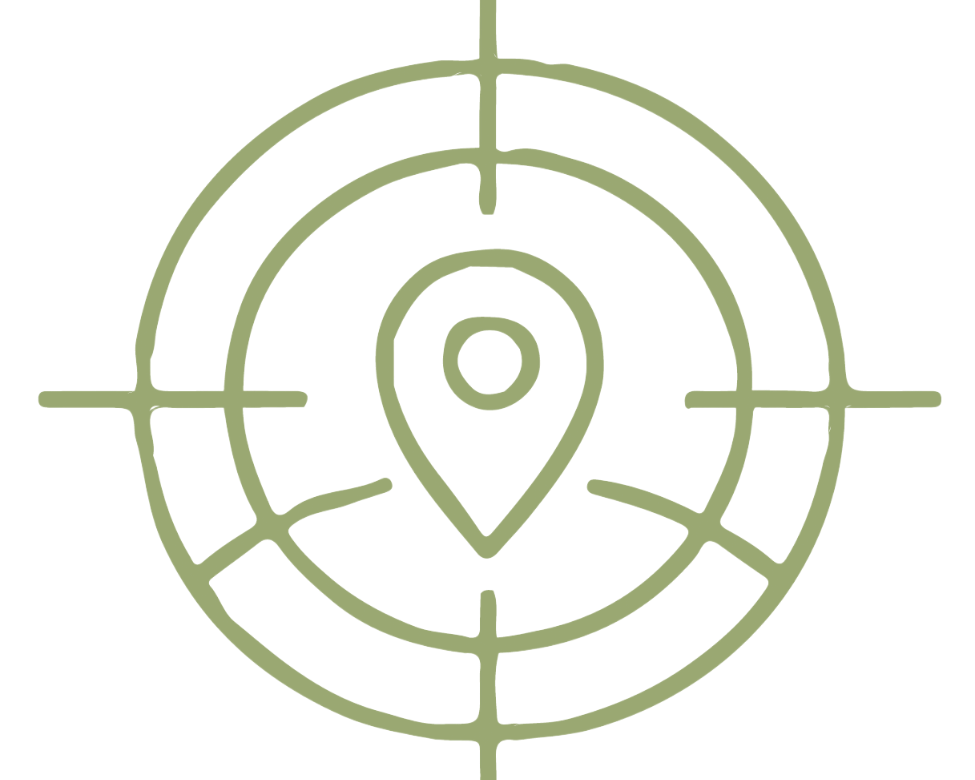 Alvo verde-oliva com um ícone de alfinete de localização no centro.