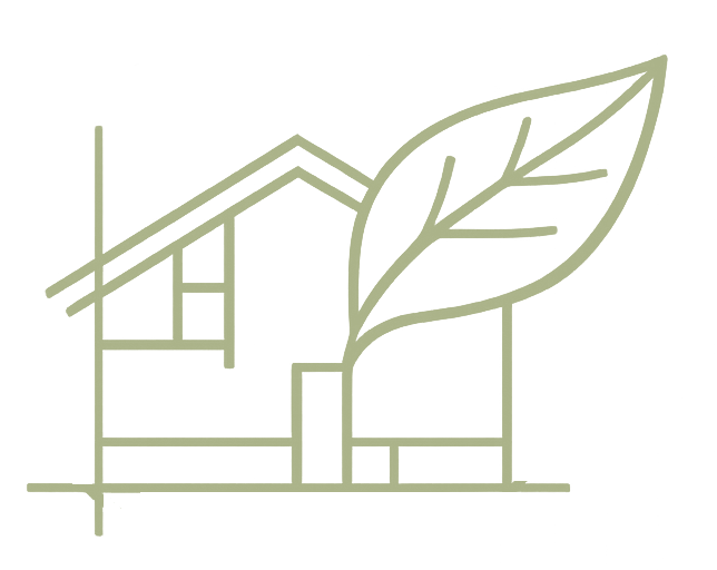 Casa minimalista em estilo de arte linear com uma grande folha verde sobreposta, simbolizando um design de casa ecologicamente correto.