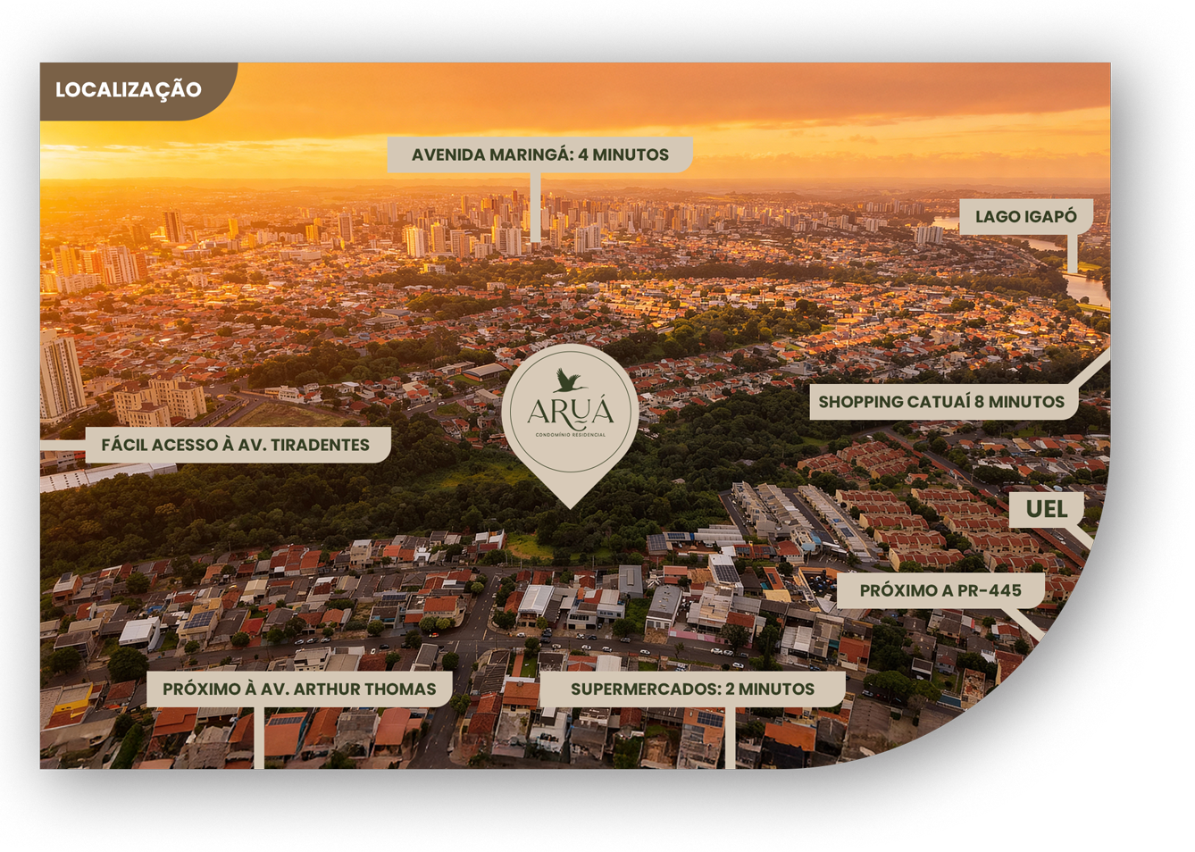 Vista aérea do pôr do sol sobre um mapa da cidade com marcadores de localização e pontos de referência identificados, em um layout curvo.