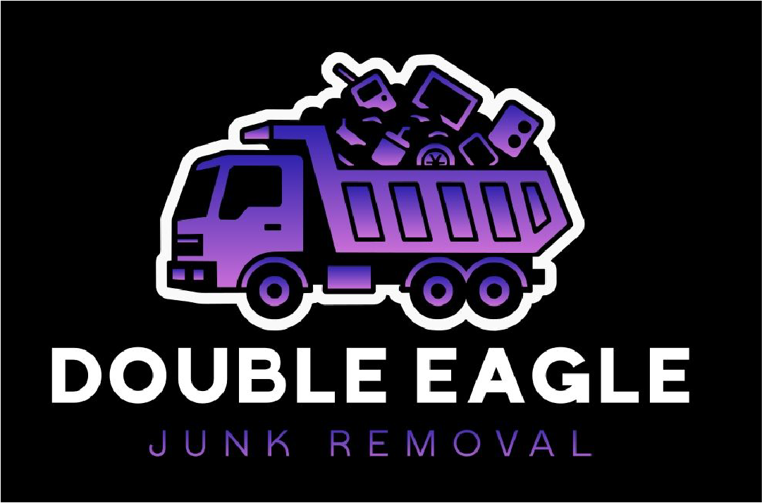 Purple junk removal truck logo with stacked scrap and text &ldquo;Double Eagle Junk Removal&rdquo;