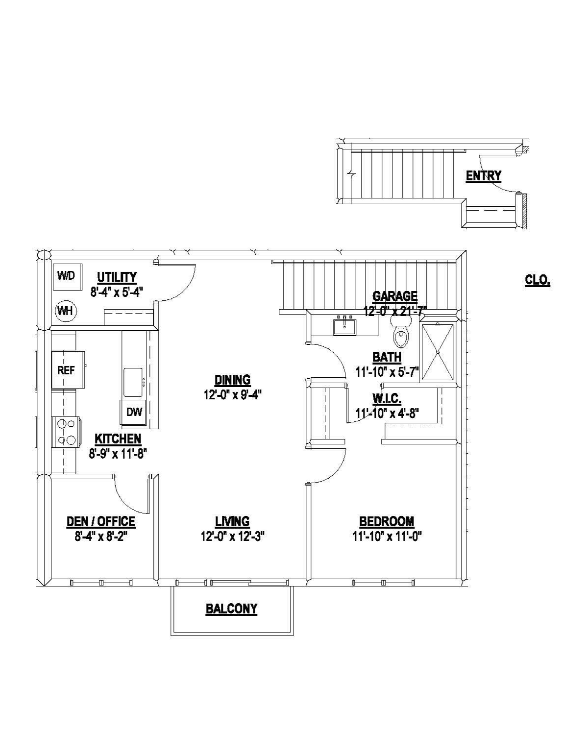 Black-and-white apartment floor plan with living room, bedroom, kitchen, bath, and balcony.