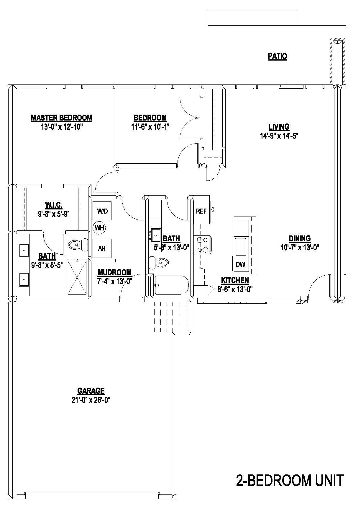2-bedroom apartment floor plan with kitchen, living room, baths, and closets