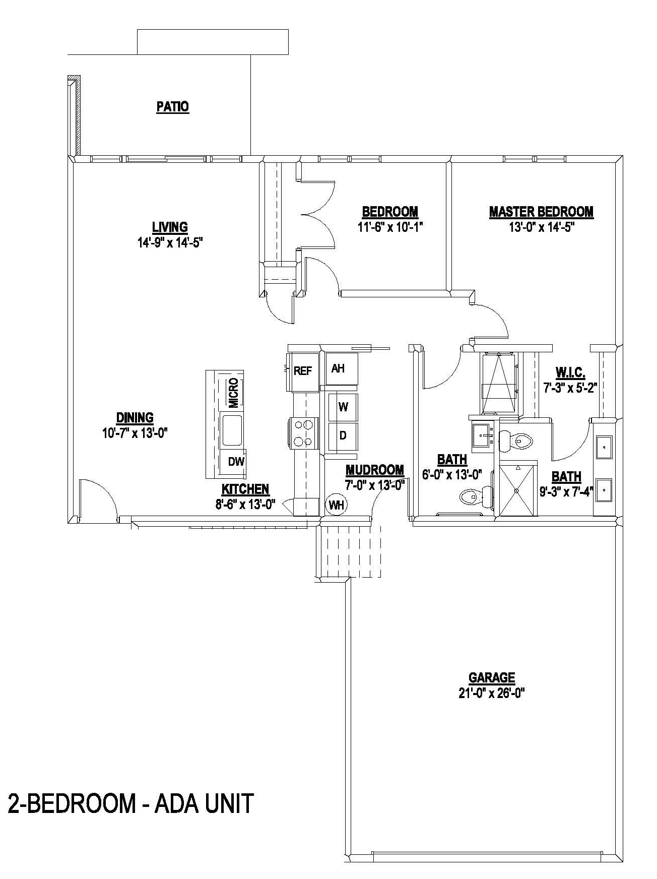 Floor plan of a 2-bedroom ADA unit with labeled rooms, bath, kitchen, and living areas