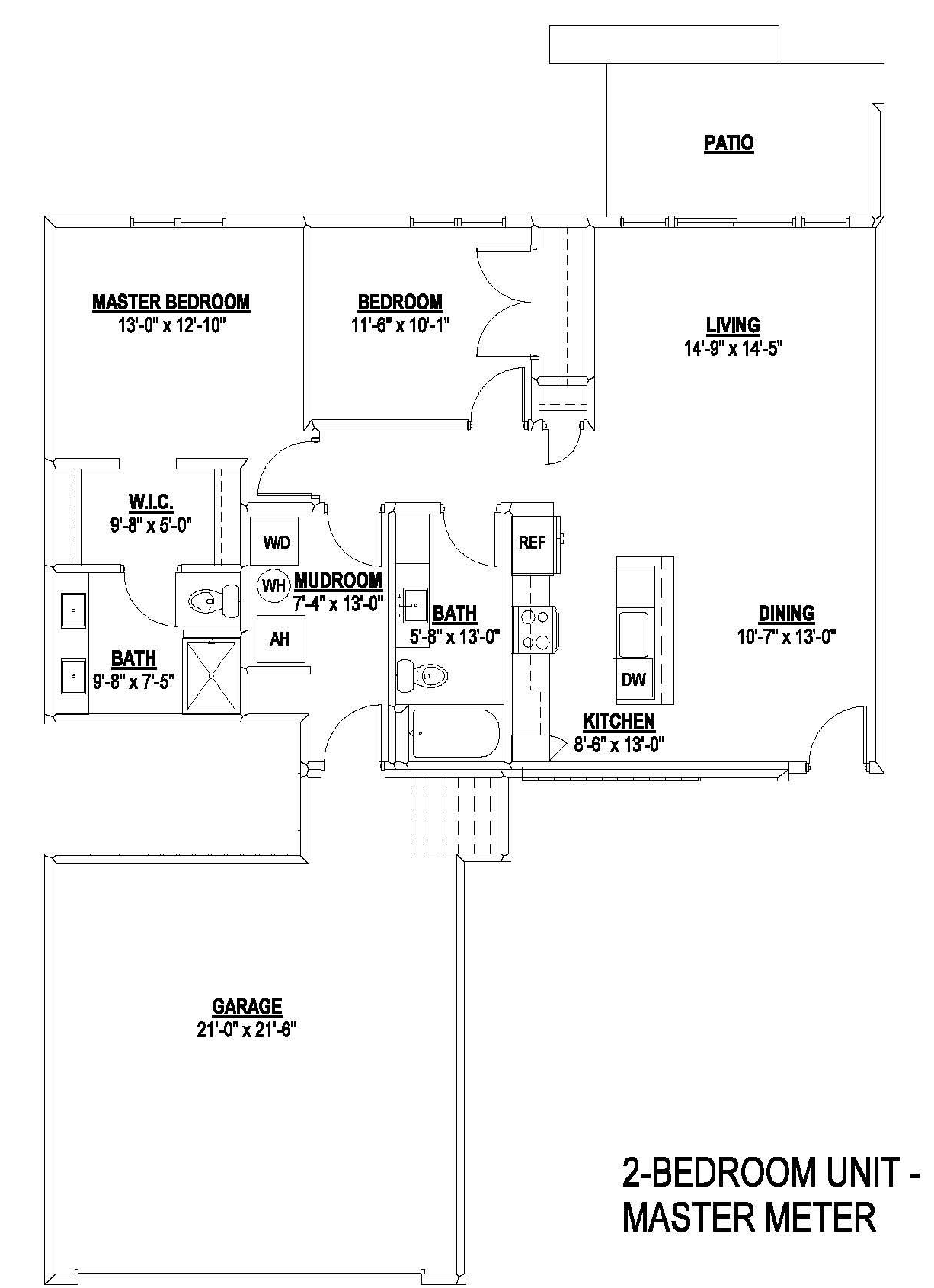 Floor plan of a 2-bedroom, 2-bath master suite with garage and kitchen/living areas.